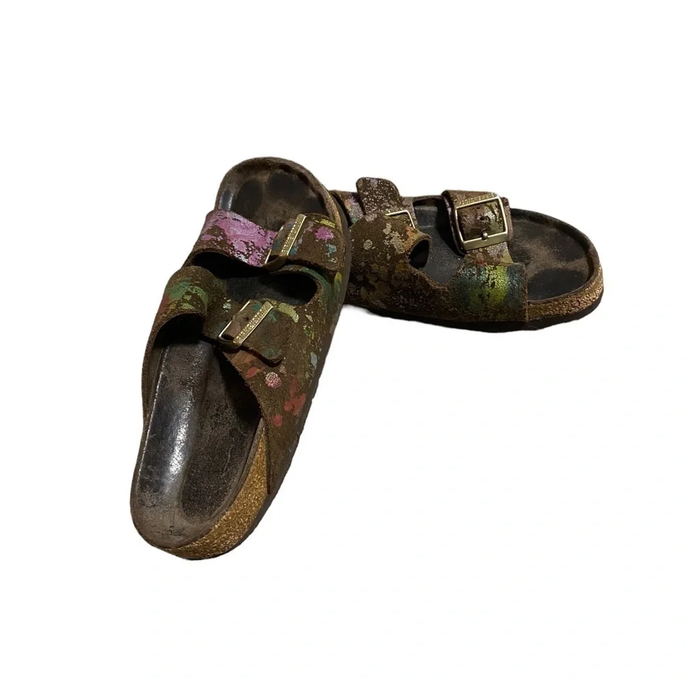 BIRKENSTOCK ARIZONA Flower Crush Mocca Leather Sandals Slide US5 EU36 UK3 Womens